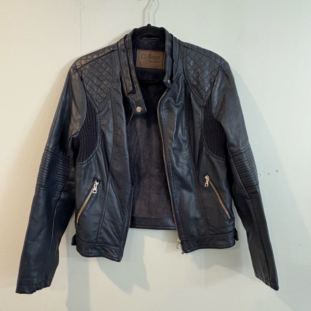 Women’s Black Faux Leather Moto Biker Jacket Y2K Size Large